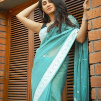 Samaira - Firozi Soft Silk Saree with Subtle Jacquard and Matching Blouse