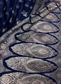 Royal Navy Blue Banarasi Silk Saree with Silver Zari Floral Buttas & Elegant Border