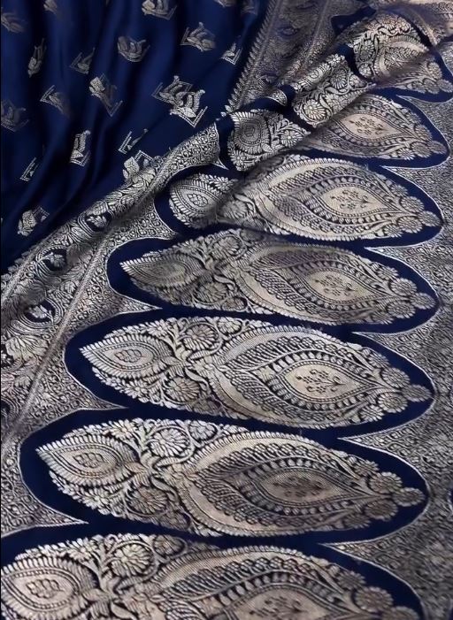Royal Navy Blue Banarasi Silk Saree with Silver Zari Floral Buttas & Elegant Border