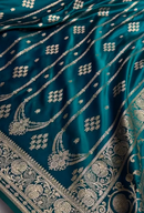 Teal Blue Banarasi Silk Saree with Gold Zari Floral Motifs and Rich Border