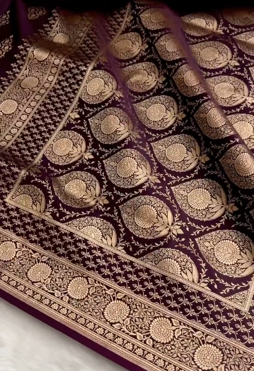 Wine Purple Banarasi Silk Saree with Heavy Floral Gold Zari Border