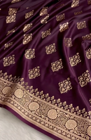 Wine Purple Banarasi Silk Saree with Heavy Floral Gold Zari Border