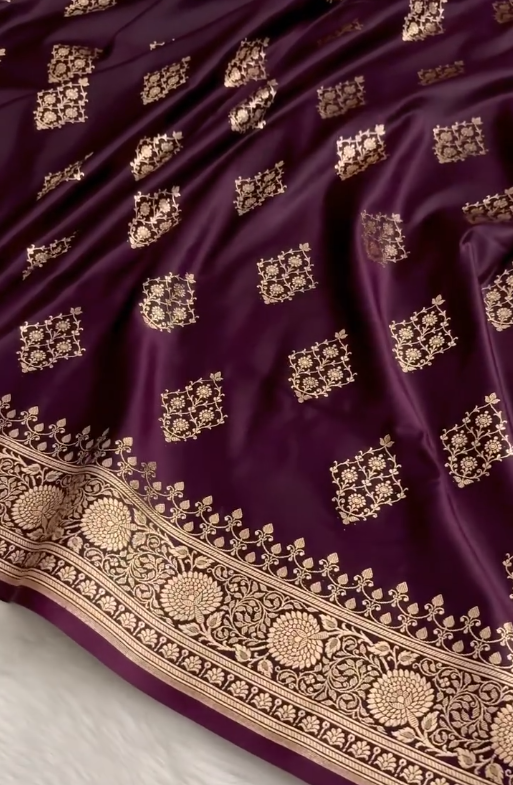 Wine Purple Banarasi Silk Saree with Heavy Floral Gold Zari Border