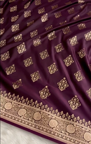Wine Purple Banarasi Silk Saree with Heavy Floral Gold Zari Border