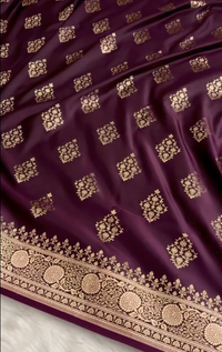 Wine Purple Banarasi Silk Saree with Heavy Floral Gold Zari Border