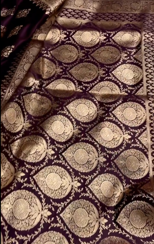 Wine Purple Banarasi Silk Saree with Heavy Floral Gold Zari Border