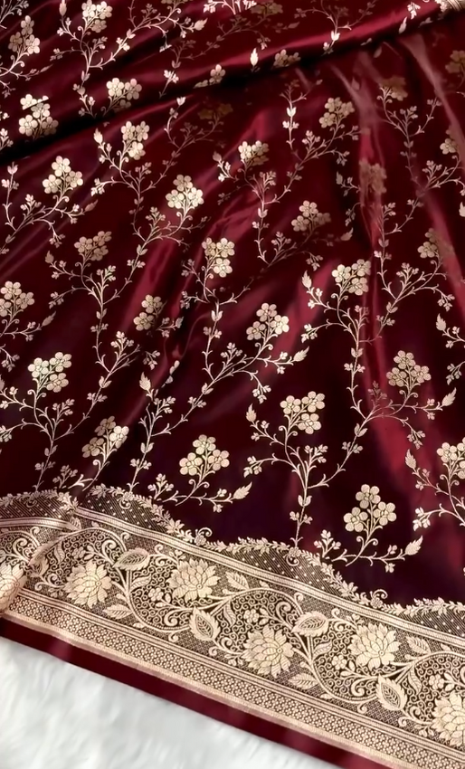 Royal Maroon Silk Saree with Heavy Gold Zari Floral Weaving