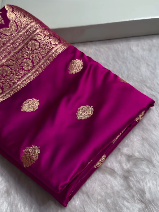 Magenta Banarasi Silk Saree with Gold Zari Butta and Rich Woven Border
