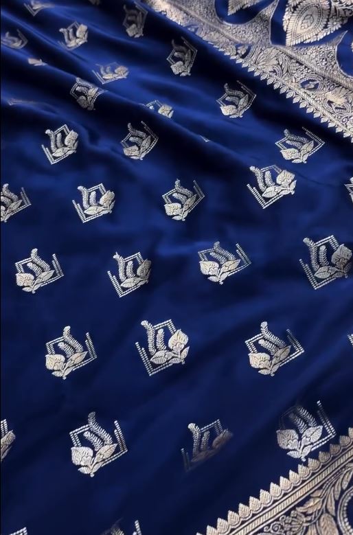 Royal Navy Blue Banarasi Silk Saree with Silver Zari Floral Buttas & Elegant Border