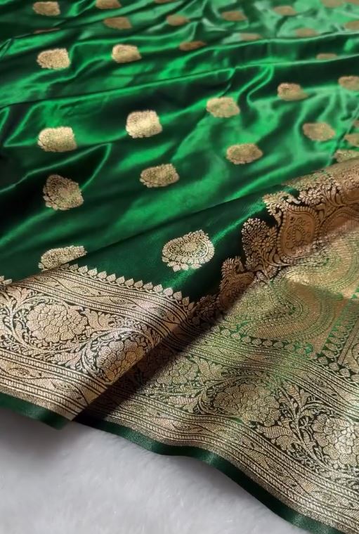 Emerald Green Banarasi Silk Saree with Gold Zari Paisley Buttas & Regal Border