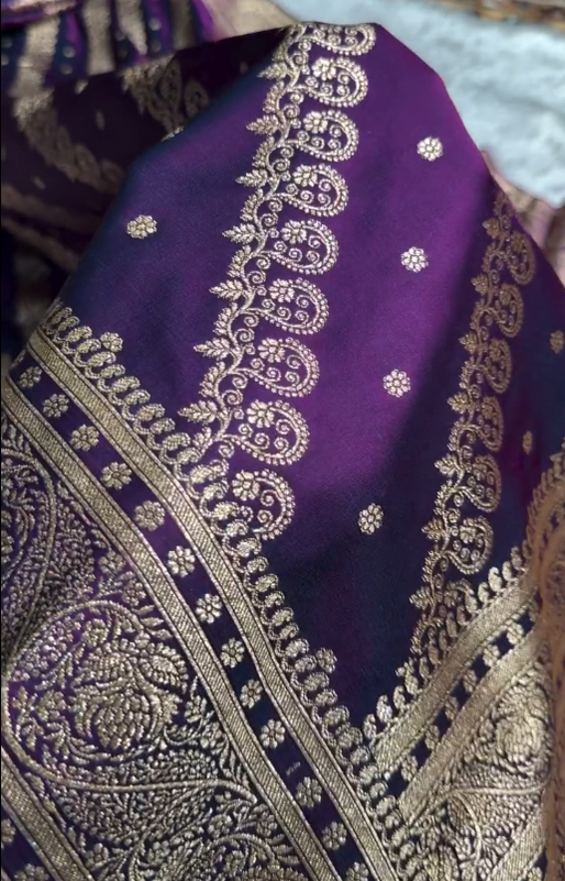 Royal Purple Banarasi Silk Saree with Gold Zari Paisley Border and Butta