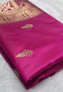 Royal Rani Pink Banarasi Silk Saree with Gold Zari Border & Delicate Buttas