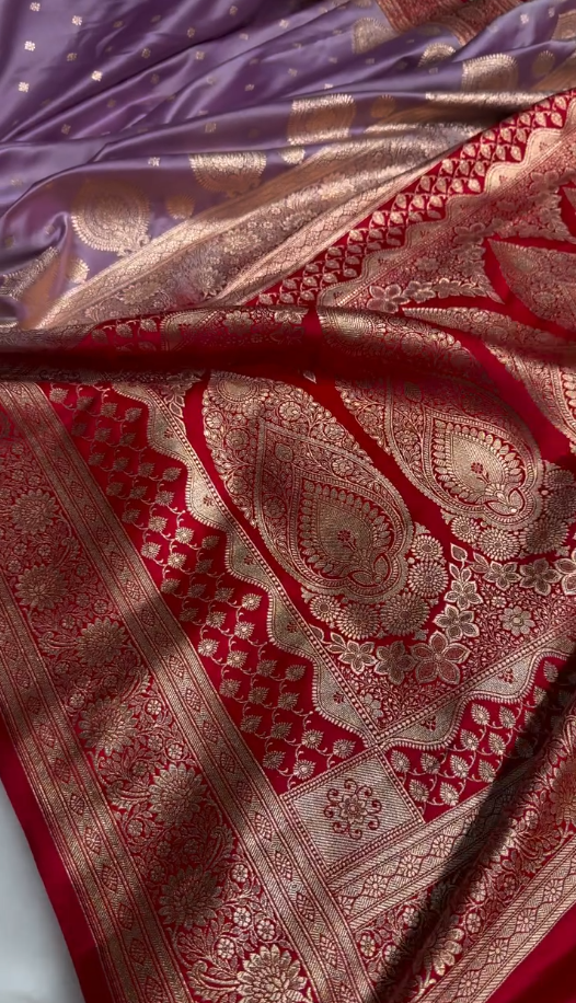 Royal Lavender Satin Silk Saree with Exquisite Golden Zari Weaving