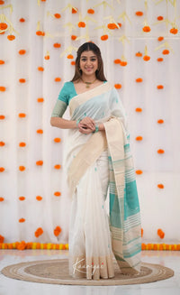 Ivory White & Sea Green Handloom Style Cotton Saree with Contrast Border