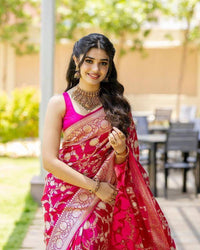 Rani Pink Banarasi Silk Saree with Gold Zari Floral Weaving