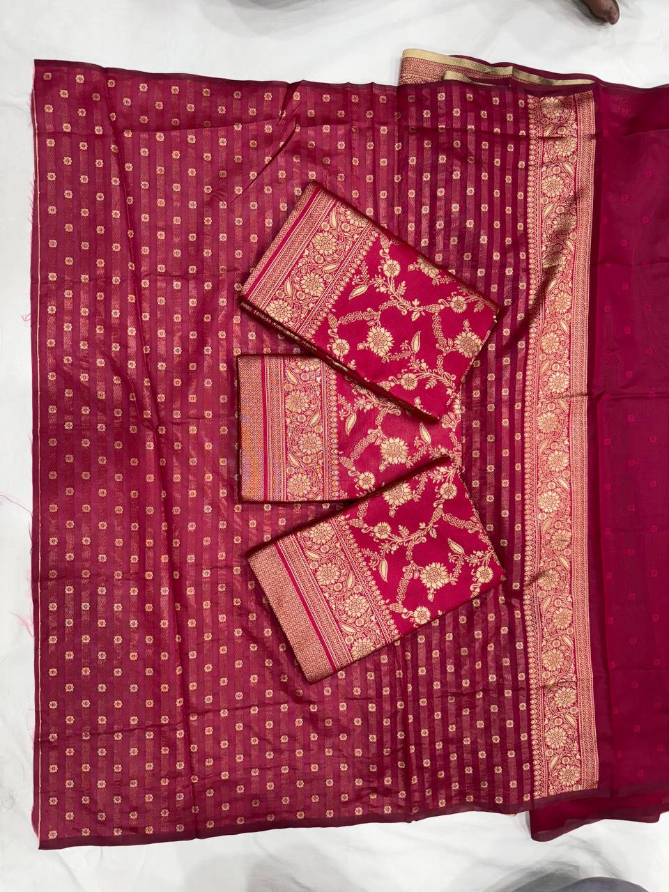 Rani Pink Banarasi Silk Saree with Gold Zari Floral Weaving