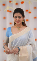 Ivory White & Sky Blue Handloom Style Cotton Saree with Soft Contrast Pallu