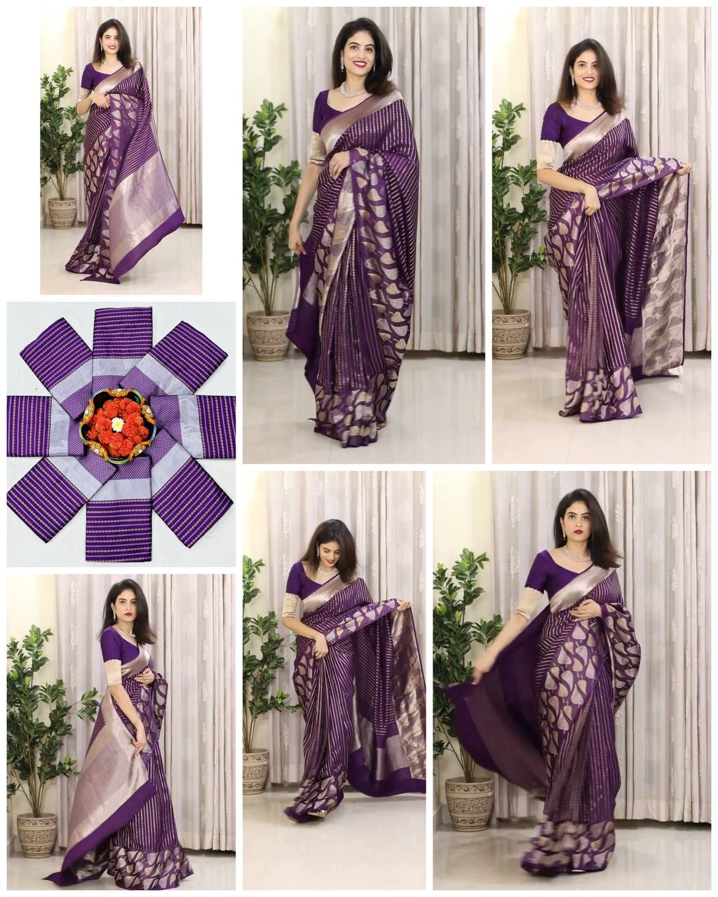 Purple Banarasi Silk Saree with Heart Motif and Silver Zari Border