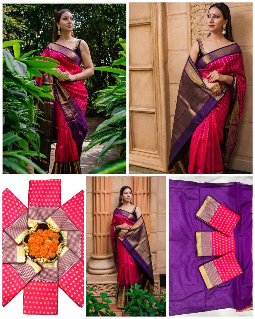 Elegant Rani Pink Kanchipuram Style Silk Saree with Royal Purple Gold Zari Border