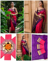 Elegant Rani Pink Kanchipuram Style Silk Saree with Royal Purple Gold Zari Border
