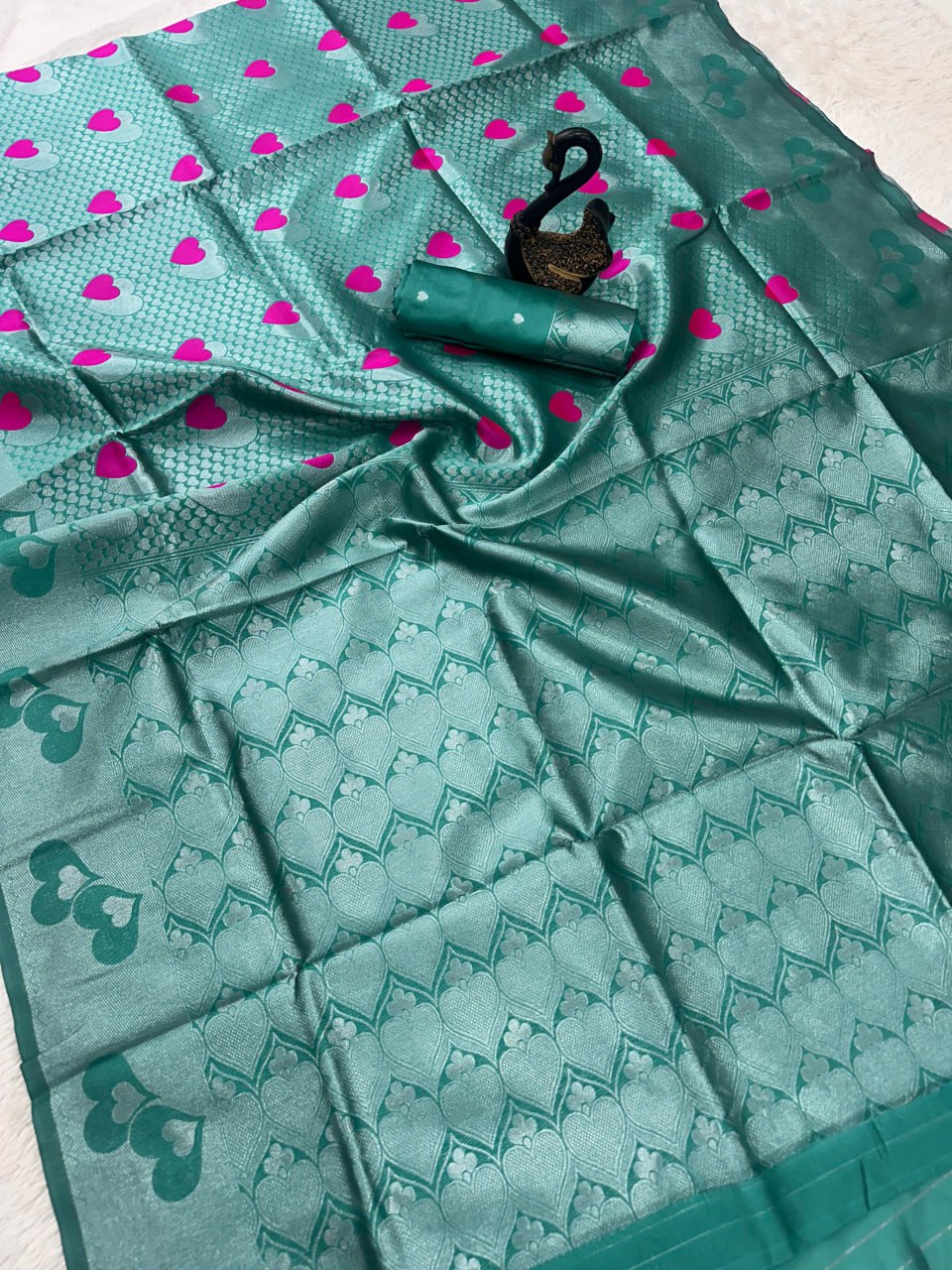 Elegant dark sky bule Silk Saree with Silver Zari Heart Motifs & Cyan Accents