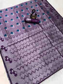Modern Heart-Motif Purple Silk Saree with Silver Zari Border
