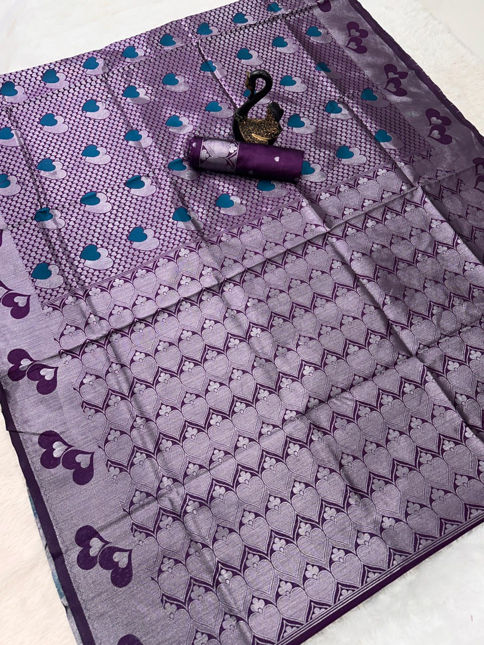 Modern Heart-Motif Purple Silk Saree with Silver Zari Border
