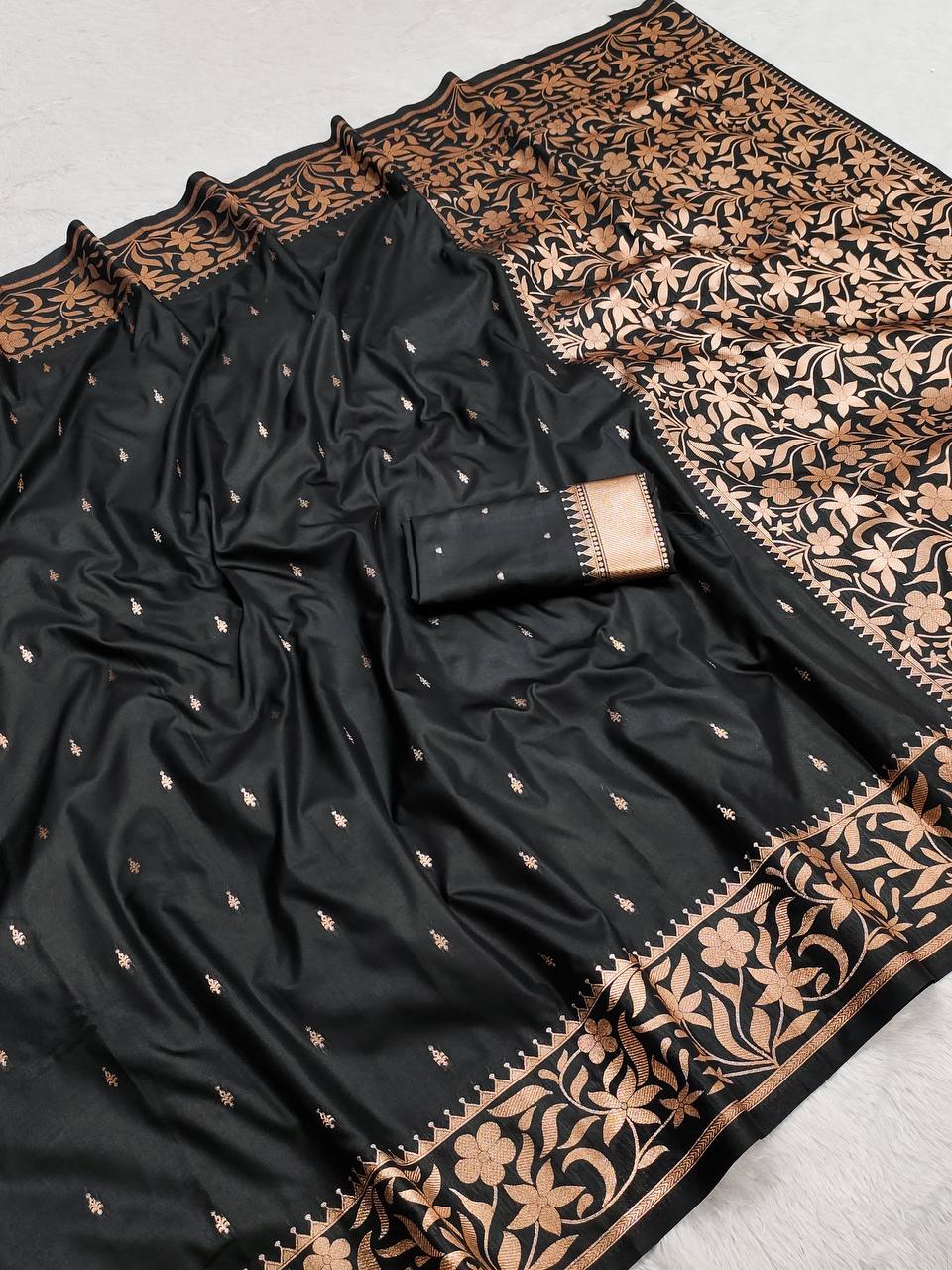 Midnight Black Banarasi Soft Silk Saree with Copper Zari Floral Border & Butti