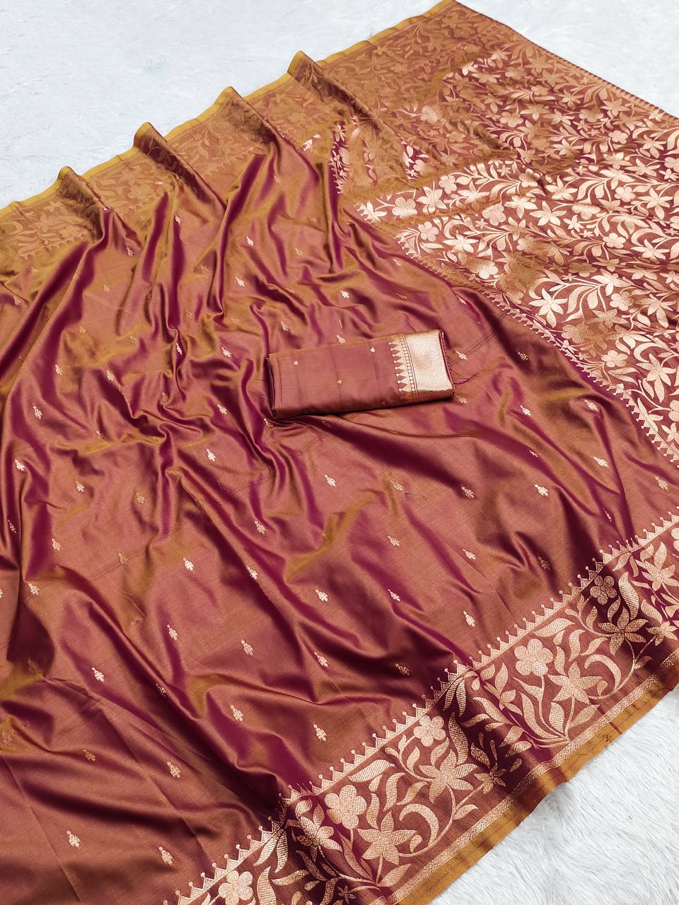 Dual-Tone Wine and Copper Soft Silk Banarasi Saree with Floral Zari Border