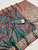 Dual-Tone Rama Green & Wine Soft Silk Saree with Copper Zari Floral Border