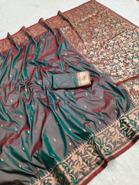 Dual-Tone Rama Green & Wine Soft Silk Saree with Copper Zari Floral Border