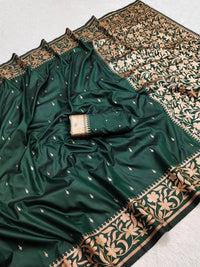 Emerald Green Soft Silk Saree with Antique Copper Zari Floral Weaving