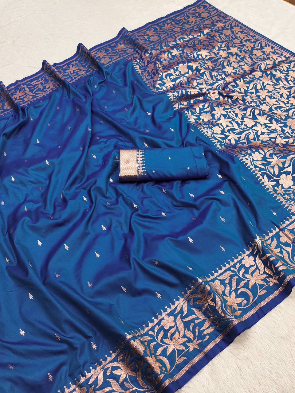 Royal Blue Banarasi Silk Saree with Rose Gold Zari Floral Pallu & Blouse Piece
