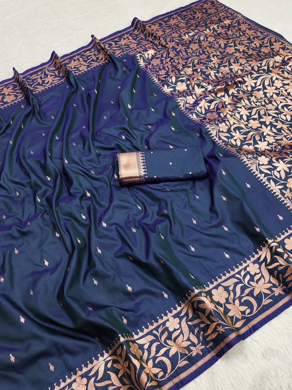 Midnight Navy Bule Banarasi Silk Saree with Copper Zari Floral Weave