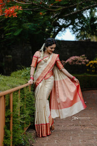 Authentic Ivory & Crimson Red Kanchipuram Silk Saree with Traditional Gold Zari