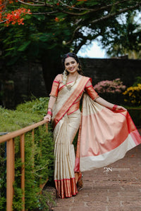 Authentic Ivory & Crimson Red Kanchipuram Silk Saree with Traditional Gold Zari