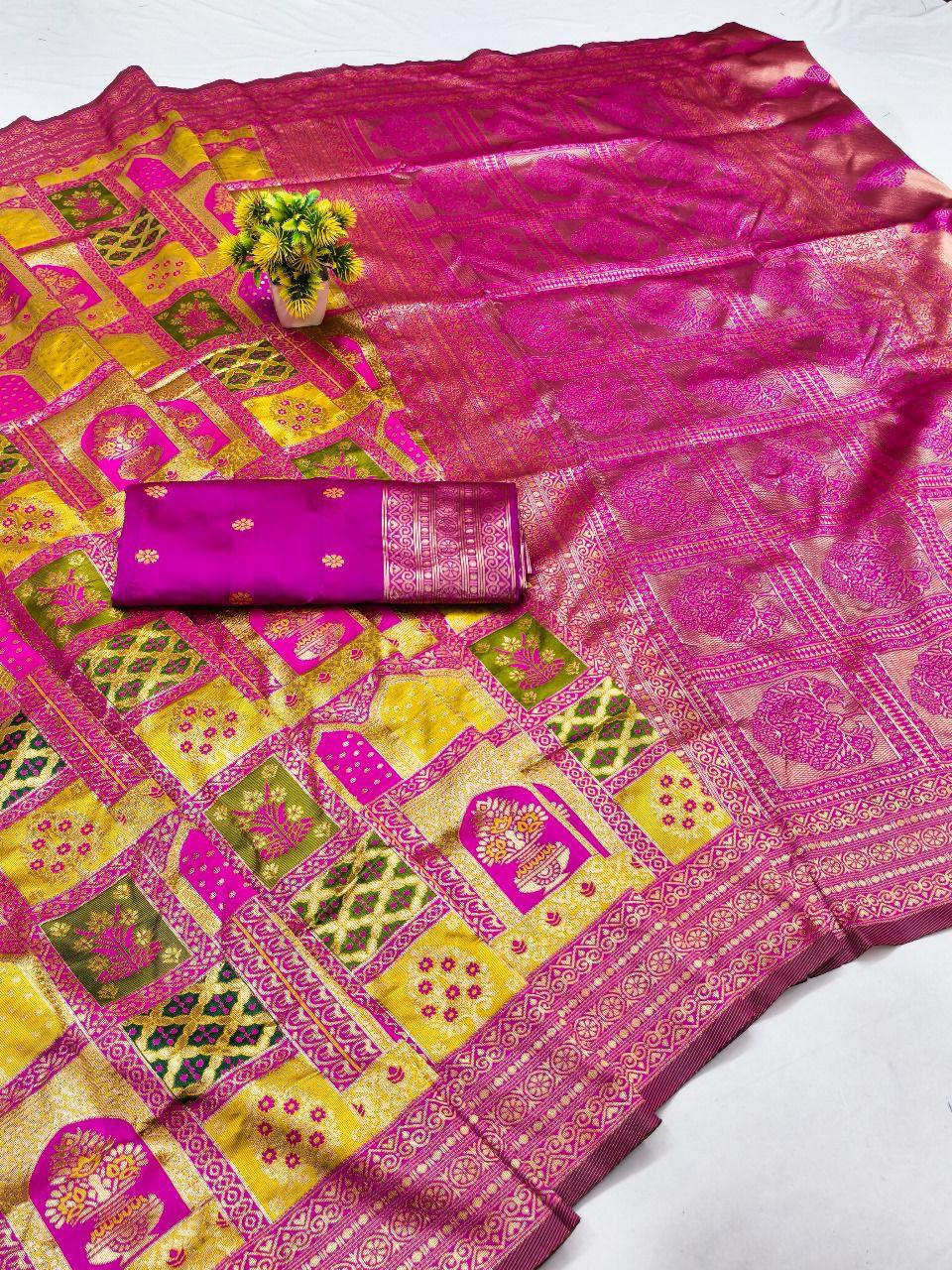 Exquisite Rani Pink & Mustard Yellow Kanjivaram Silk Saree
