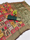 Regal Bottle Green & Multi-Color Silk Saree with Mosaic Patola Print & Gold Zari Jaal