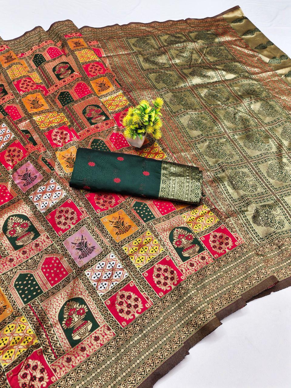 Regal Bottle Green & Multi-Color Silk Saree with Mosaic Patola Print & Gold Zari Jaal