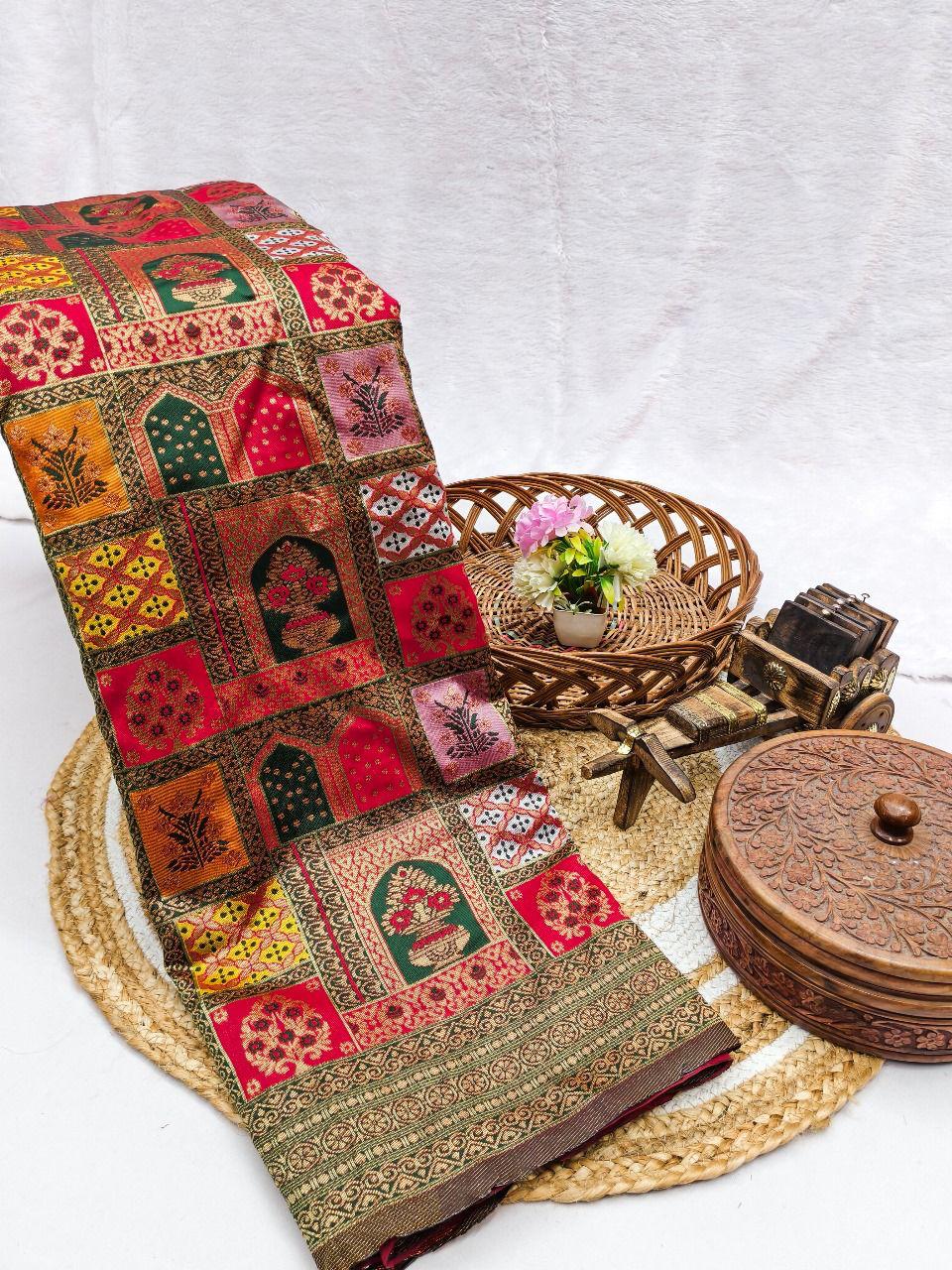 Regal Bottle Green & Multi-Color Silk Saree with Mosaic Patola Print & Gold Zari Jaal