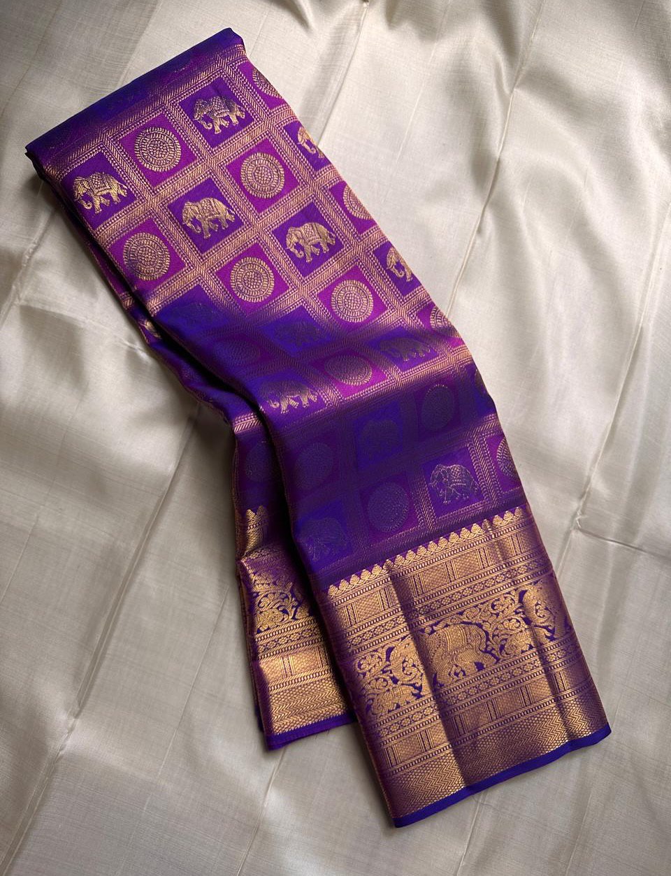Royal Violet & Gold Kanchipuram Silk Saree with Elephant Zari Border