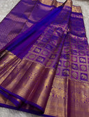 Royal Violet & Gold Kanchipuram Silk Saree with Elephant Zari Border