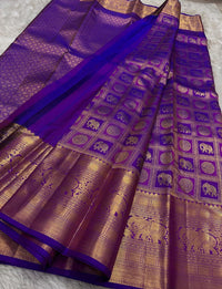 Royal Violet & Gold Kanchipuram Silk Saree with Elephant Zari Border