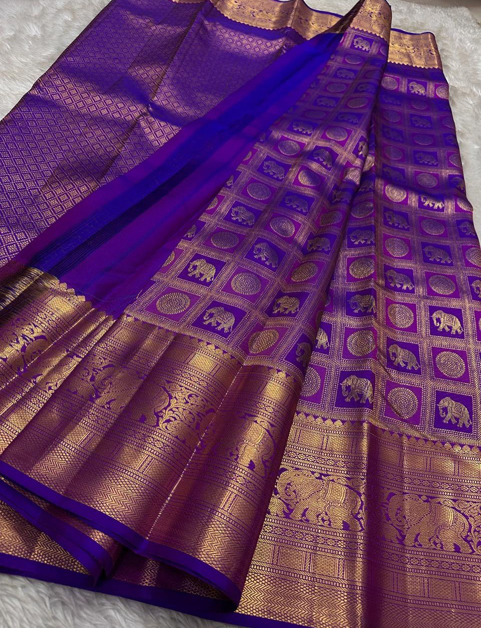Royal Violet & Gold Kanchipuram Silk Saree with Elephant Zari Border