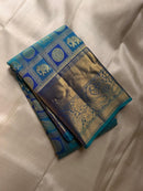 Shimmering Peacock Teal & Gold Kanchipuram Silk Saree with Paisley & Elephant Motifs