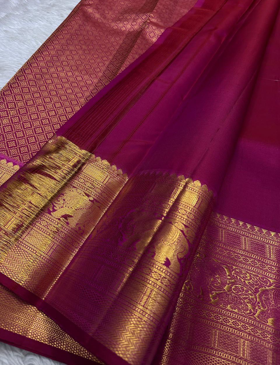 Royal Magenta Kanjivaram Silk Saree with Elephant & Mandala Zari Butta