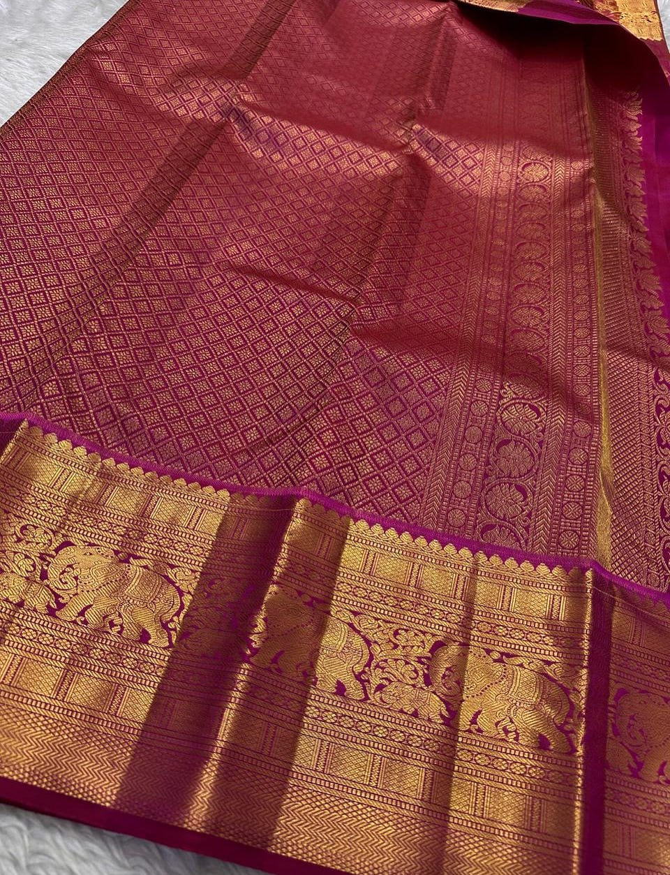 Royal Magenta Kanjivaram Silk Saree with Elephant & Mandala Zari Butta