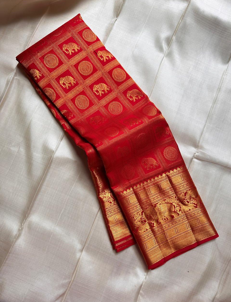Regal Crimson Red Kanjivaram Silk Saree with Traditional Elephant & Coin Motif Zari Kattam
