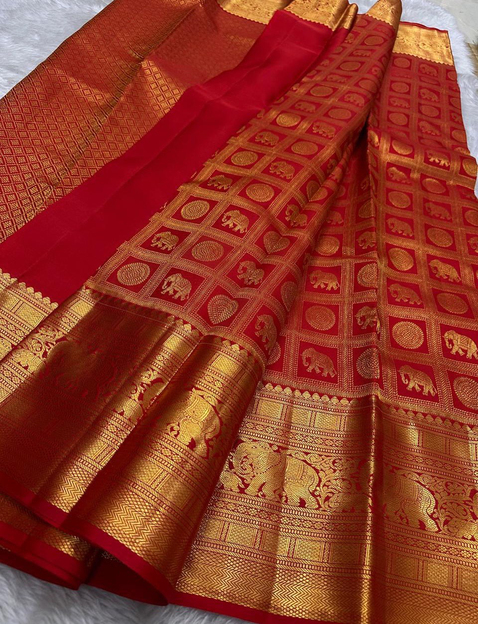Regal Crimson Red Kanjivaram Silk Saree with Traditional Elephant & Coin Motif Zari Kattam