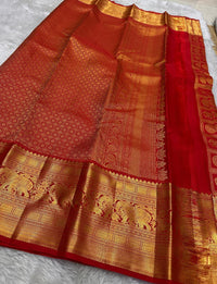 Regal Crimson Red Kanjivaram Silk Saree with Traditional Elephant & Coin Motif Zari Kattam